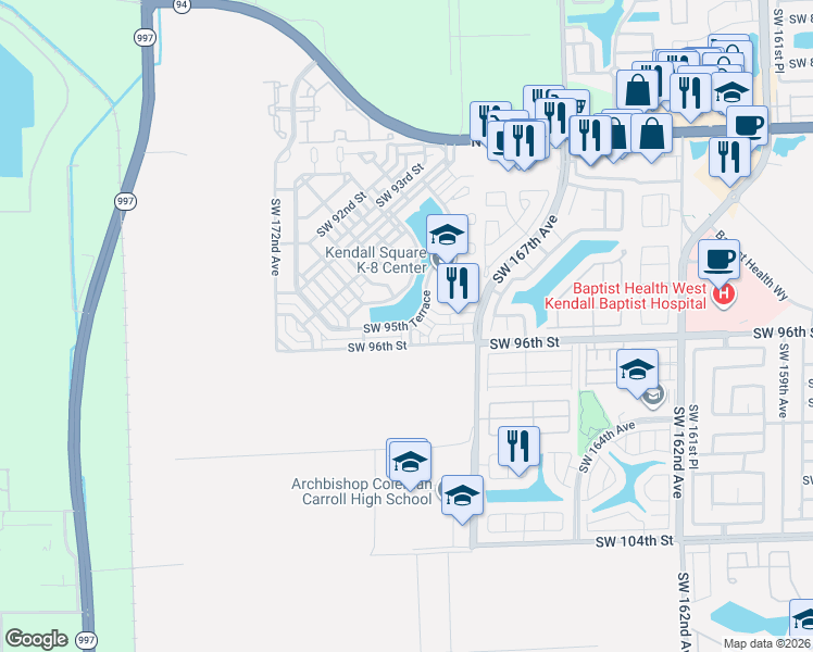 map of restaurants, bars, coffee shops, grocery stores, and more near 17020 Southwest 95th Terrace in Miami