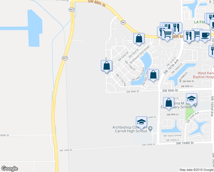 map of restaurants, bars, coffee shops, grocery stores, and more near 9451 Southwest 172nd Avenue in Miami