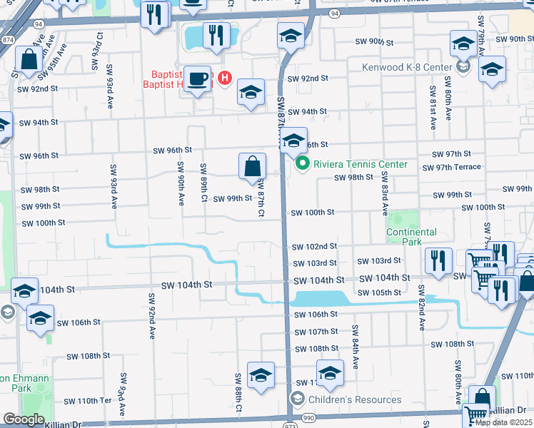 map of restaurants, bars, coffee shops, grocery stores, and more near 8765 Southwest 100th Street in Miami