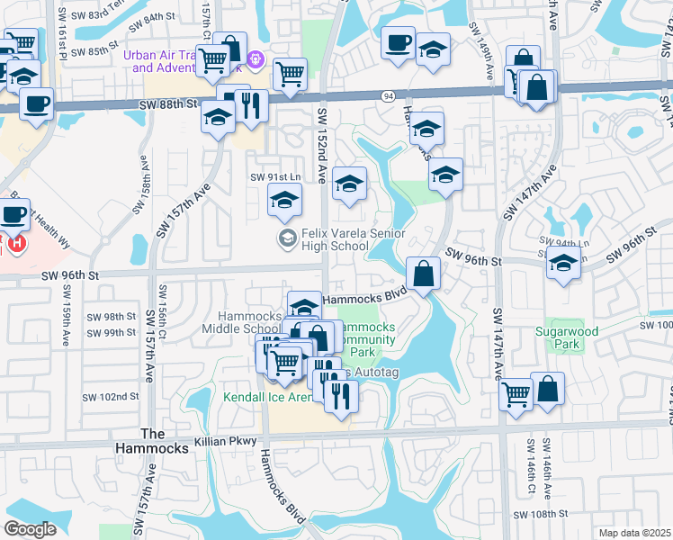 map of restaurants, bars, coffee shops, grocery stores, and more near 15168 Southwest 95th Lane in Miami