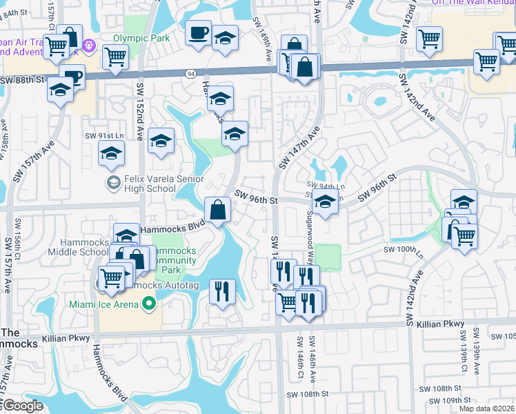 map of restaurants, bars, coffee shops, grocery stores, and more near 9673 Southwest 148th Avenue in Miami
