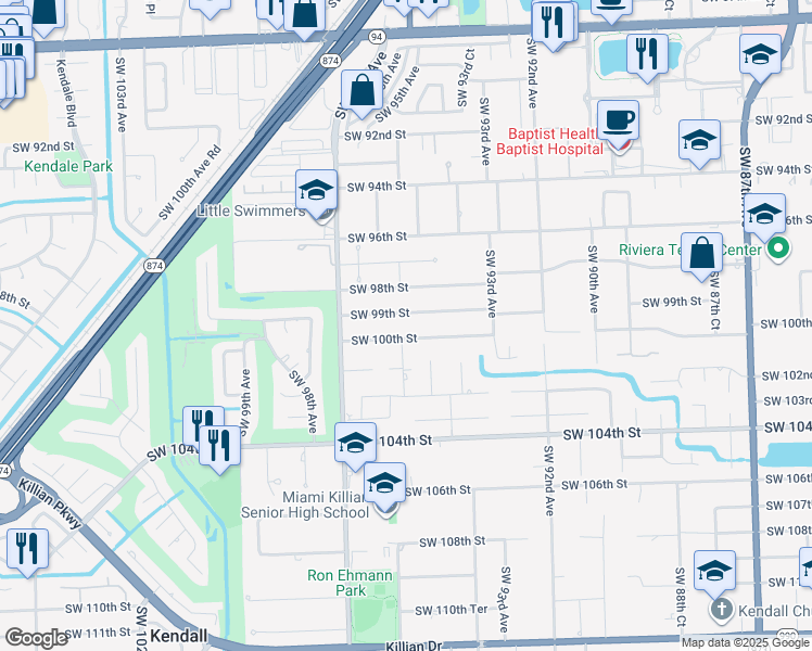 map of restaurants, bars, coffee shops, grocery stores, and more near 9480 Southwest 99th Street in Miami