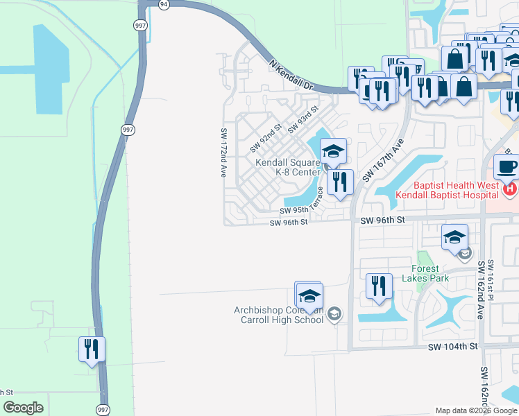 map of restaurants, bars, coffee shops, grocery stores, and more near 17094 Southwest 95th Terrace in Miami