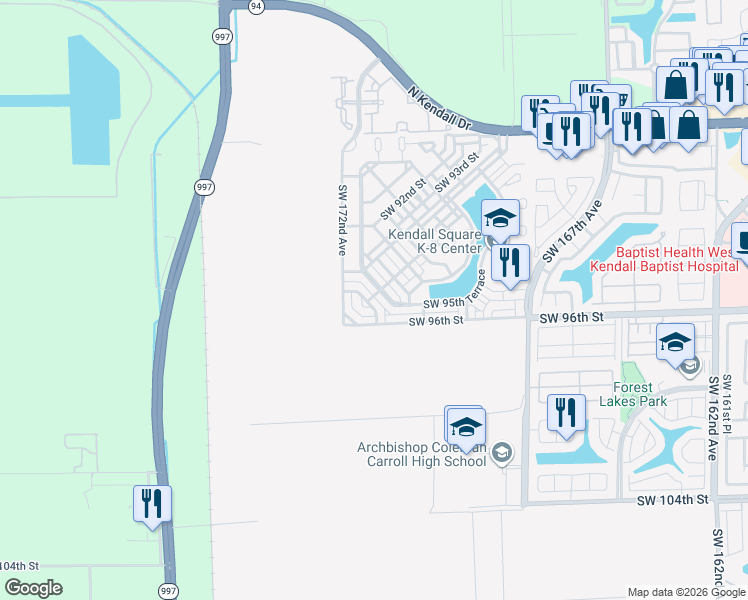 map of restaurants, bars, coffee shops, grocery stores, and more near 9465 Southwest 171st Place in The Hammocks