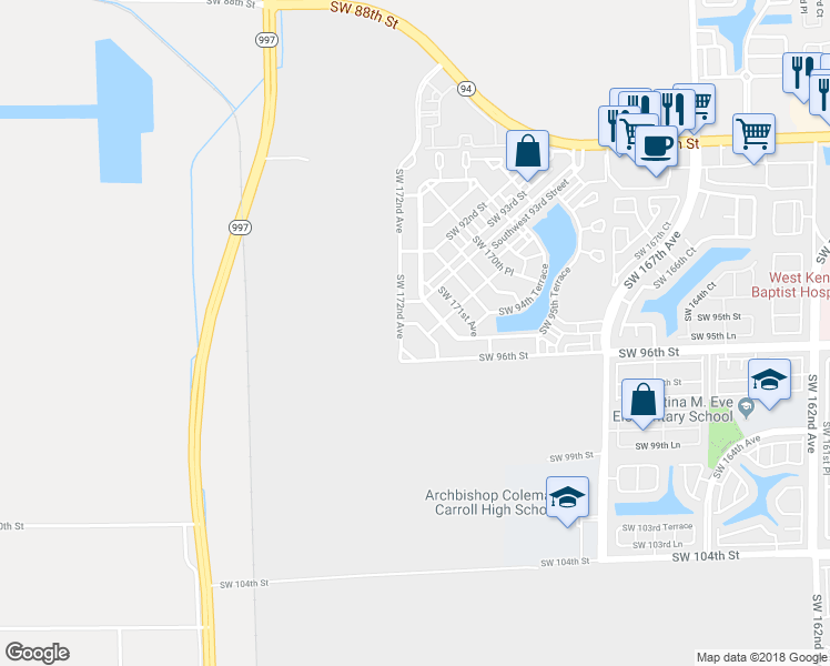 map of restaurants, bars, coffee shops, grocery stores, and more near 9451 Southwest 172nd Avenue in Miami