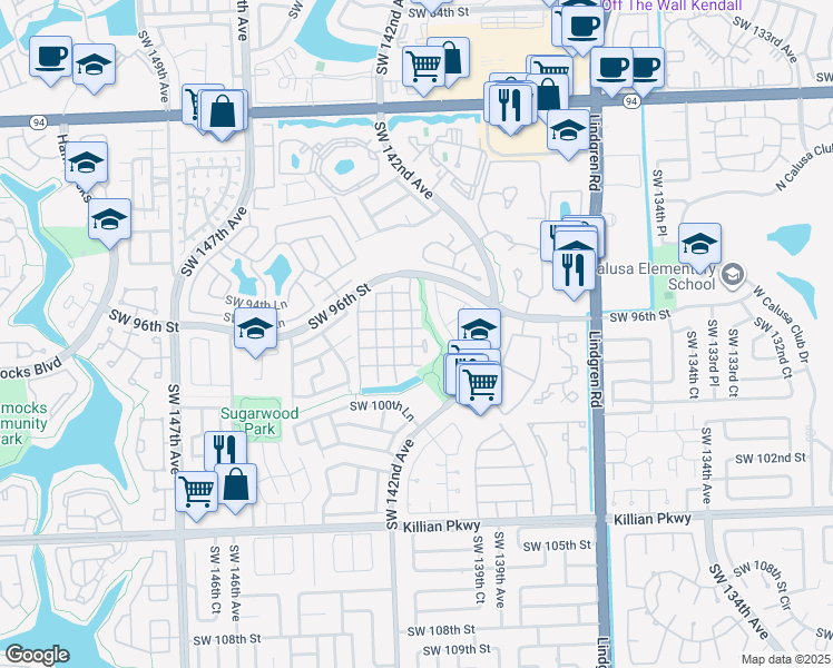 map of restaurants, bars, coffee shops, grocery stores, and more near 14326 Southwest 97th Terrace in Miami