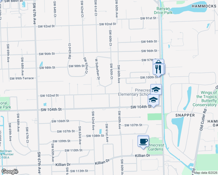 map of restaurants, bars, coffee shops, grocery stores, and more near 10101 Southwest 60th Court in Miami