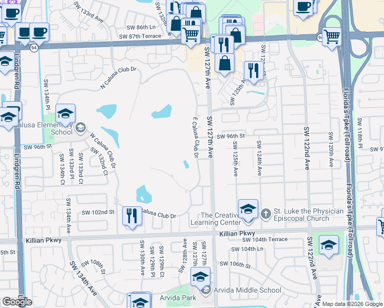 map of restaurants, bars, coffee shops, grocery stores, and more near 9655 East Calusa Club Drive in Miami