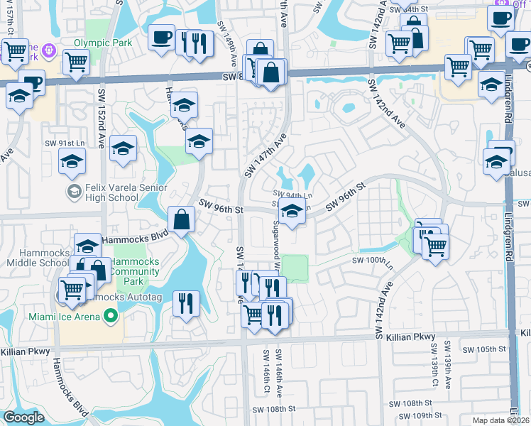 map of restaurants, bars, coffee shops, grocery stores, and more near 9618 Southwest 146th Court in Miami