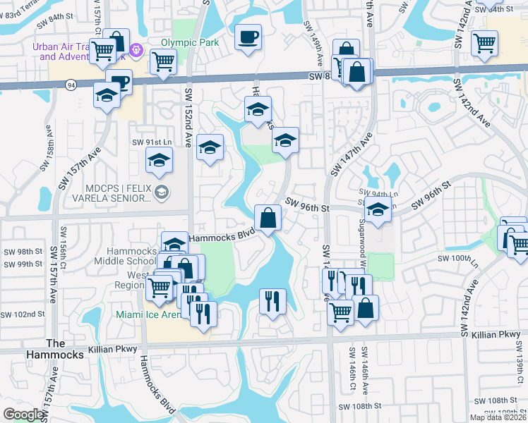 map of restaurants, bars, coffee shops, grocery stores, and more near 9744 Southwest 148th Court in Miami