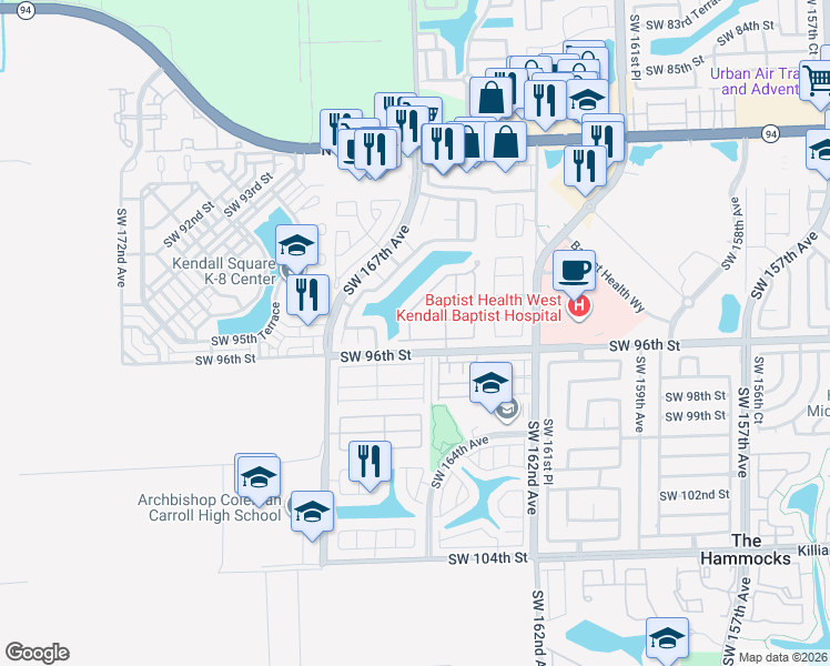 map of restaurants, bars, coffee shops, grocery stores, and more near 16412 Southwest 95th Lane in Miami