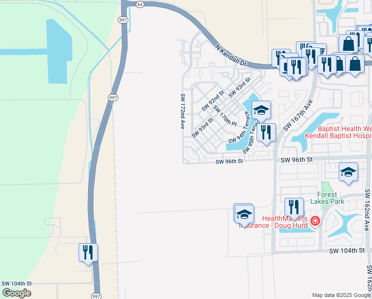 map of restaurants, bars, coffee shops, grocery stores, and more near 9451 Southwest 172nd Avenue in Miami