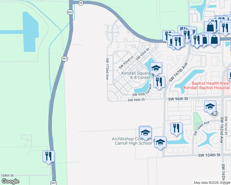 map of restaurants, bars, coffee shops, grocery stores, and more near 9465 Southwest 171st Place in The Hammocks