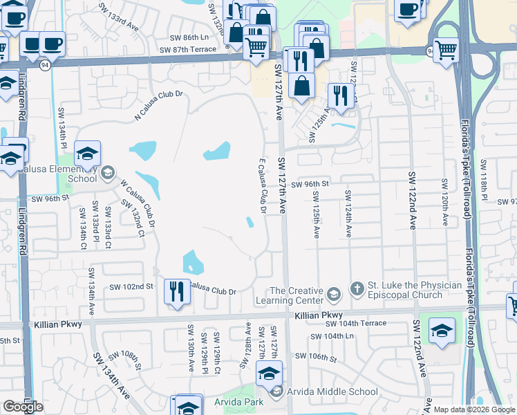 map of restaurants, bars, coffee shops, grocery stores, and more near 9655 East Calusa Club Drive in Miami