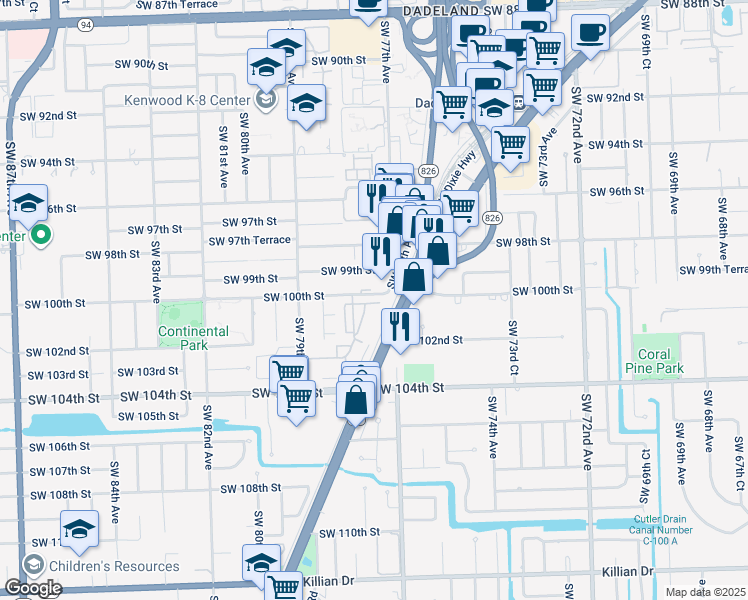 map of restaurants, bars, coffee shops, grocery stores, and more near 10029 Southwest 77th Court in Miami