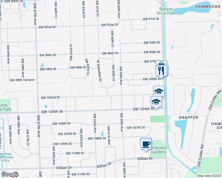 map of restaurants, bars, coffee shops, grocery stores, and more near 10101 Southwest 60th Court in Miami