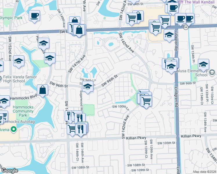 map of restaurants, bars, coffee shops, grocery stores, and more near 14512 Southwest 96th Terrace in Miami