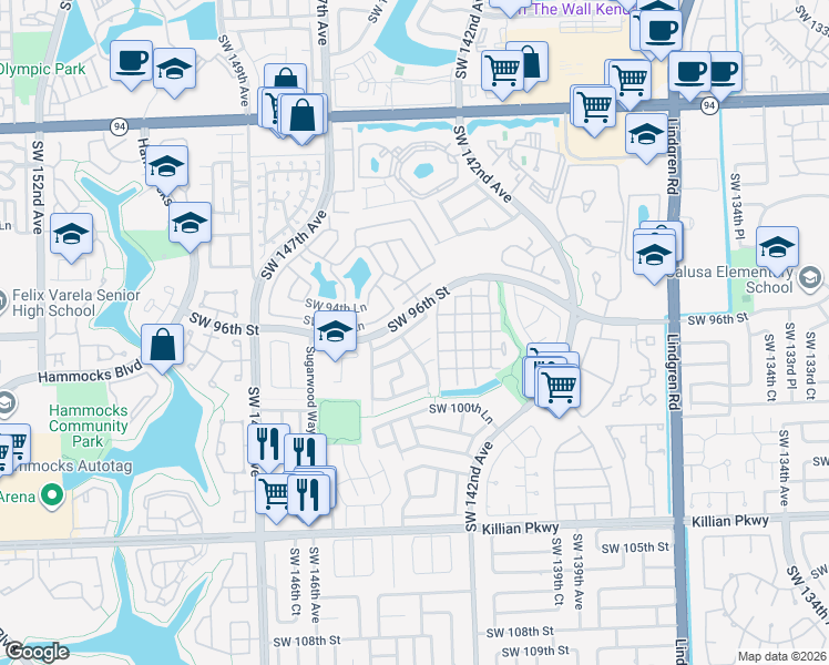 map of restaurants, bars, coffee shops, grocery stores, and more near 14512 Southwest 96th Terrace in Miami