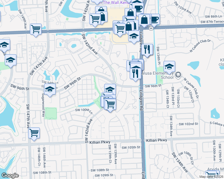 map of restaurants, bars, coffee shops, grocery stores, and more near 9645 Southwest 142nd Court in Miami