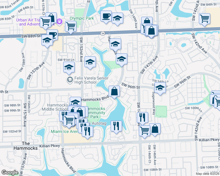 map of restaurants, bars, coffee shops, grocery stores, and more near 15025 Southwest 96th Terrace in Miami