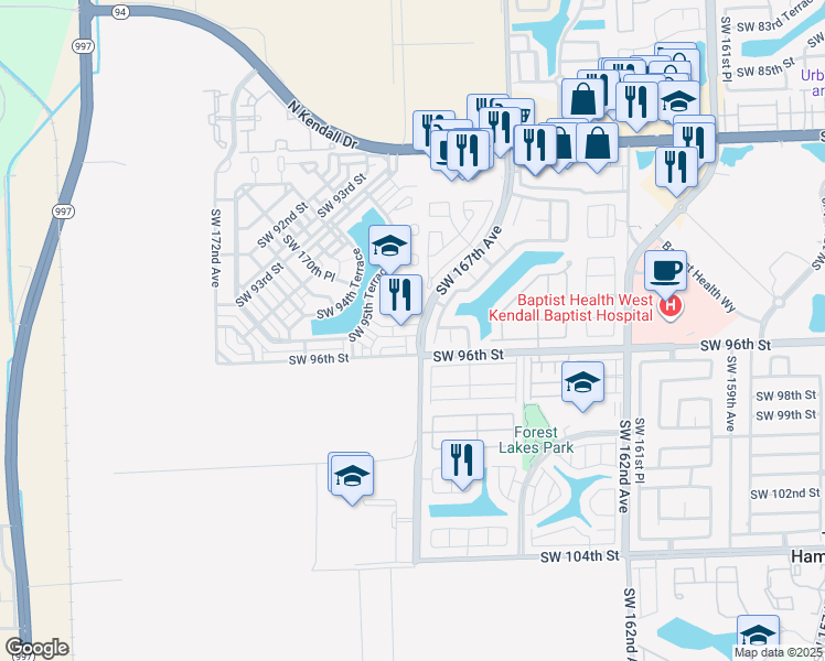 map of restaurants, bars, coffee shops, grocery stores, and more near 9500 Southwest 167th Avenue in Miami
