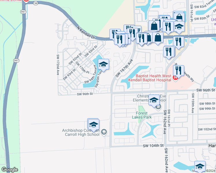 map of restaurants, bars, coffee shops, grocery stores, and more near 9500 Southwest 167th Avenue in Miami
