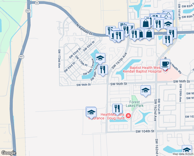 map of restaurants, bars, coffee shops, grocery stores, and more near 16830 Southwest 95th Street in Miami
