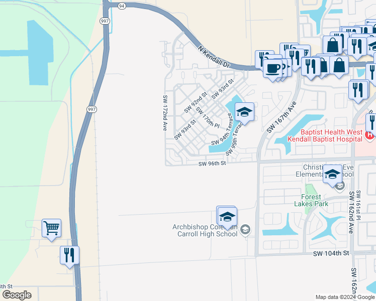 map of restaurants, bars, coffee shops, grocery stores, and more near 9465 Southwest 171st Place in The Hammocks