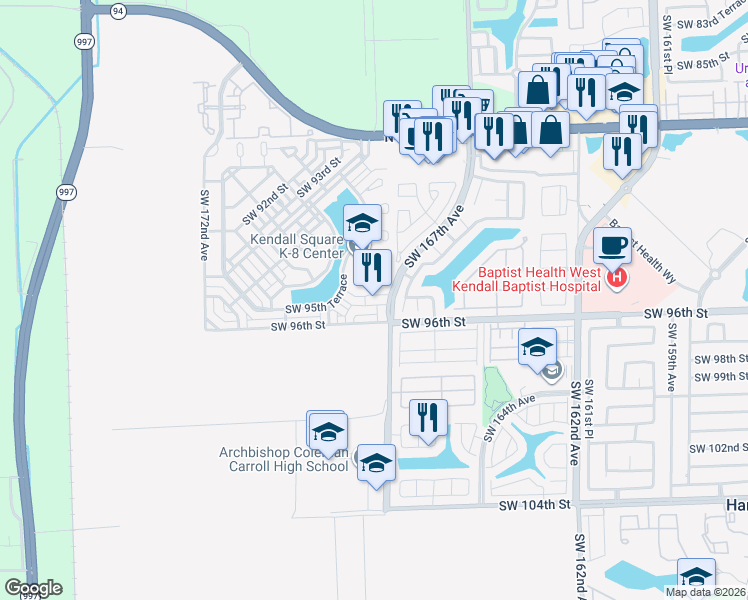 map of restaurants, bars, coffee shops, grocery stores, and more near 9500 Southwest 167th Avenue in Miami