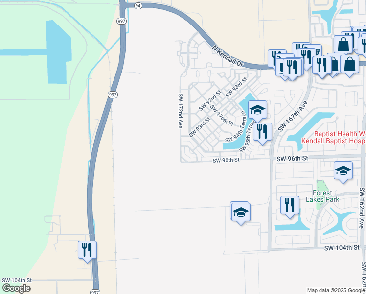 map of restaurants, bars, coffee shops, grocery stores, and more near 9451 Southwest 172nd Avenue in Miami