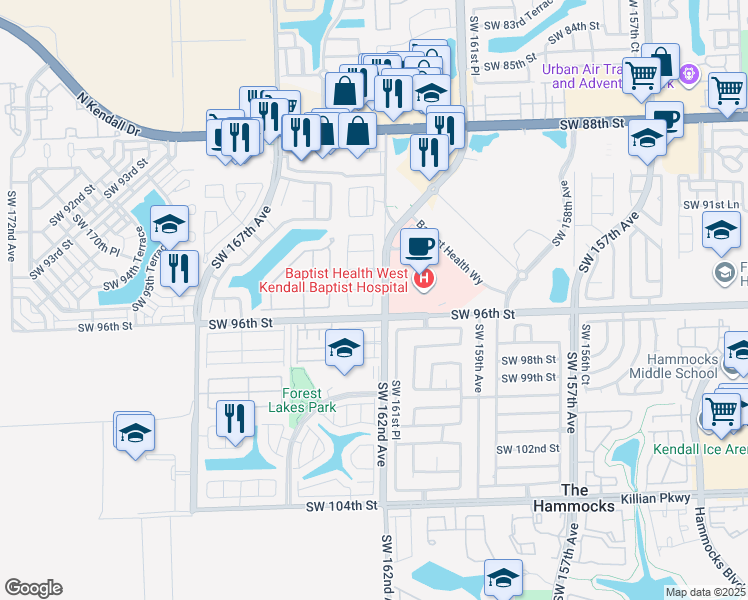 map of restaurants, bars, coffee shops, grocery stores, and more near 9555 Southwest 162nd Court in Miami
