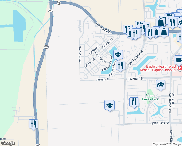 map of restaurants, bars, coffee shops, grocery stores, and more near 9465 Southwest 171st Place in The Hammocks