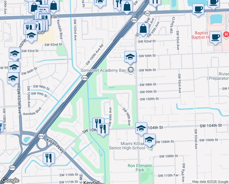 map of restaurants, bars, coffee shops, grocery stores, and more near 9821 Southwest 99th Street in Miami