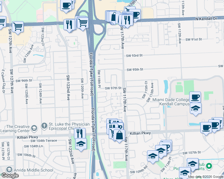 map of restaurants, bars, coffee shops, grocery stores, and more near 9838 Southwest 118th Avenue in Miami