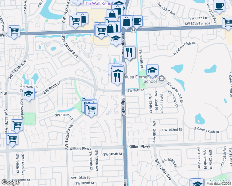 map of restaurants, bars, coffee shops, grocery stores, and more near 9628 Southwest 138th Avenue in Miami