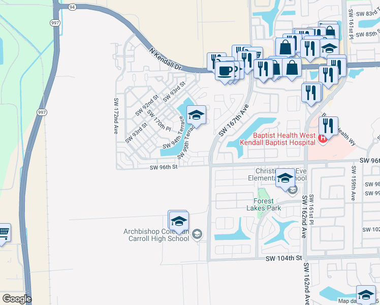 map of restaurants, bars, coffee shops, grocery stores, and more near 16830 Southwest 95th Street in Miami