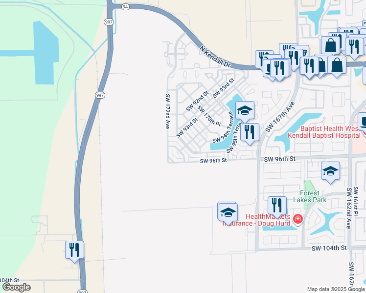 map of restaurants, bars, coffee shops, grocery stores, and more near 9465 Southwest 171st Place in The Hammocks