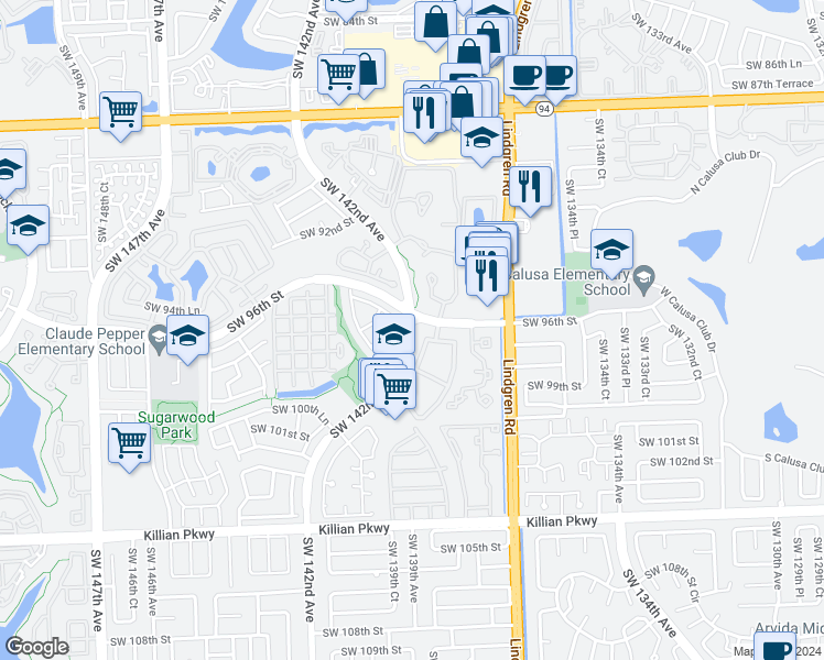 map of restaurants, bars, coffee shops, grocery stores, and more near 9645 Southwest 142nd Court in Miami
