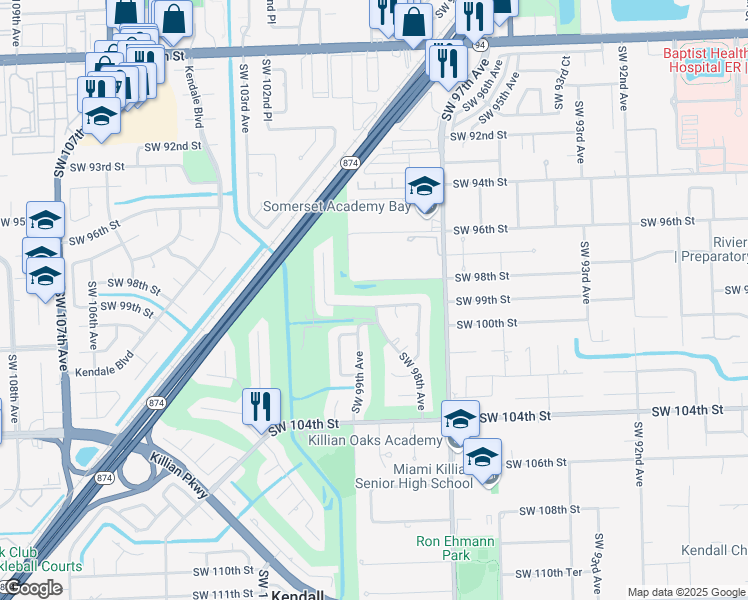 map of restaurants, bars, coffee shops, grocery stores, and more near 9821 Southwest 99th Street in Miami