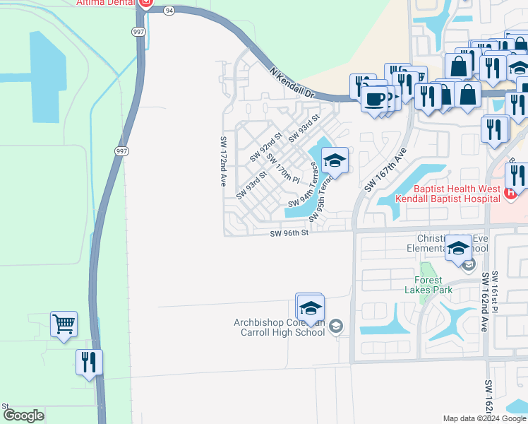 map of restaurants, bars, coffee shops, grocery stores, and more near 9462 Southwest 171st Avenue in Miami