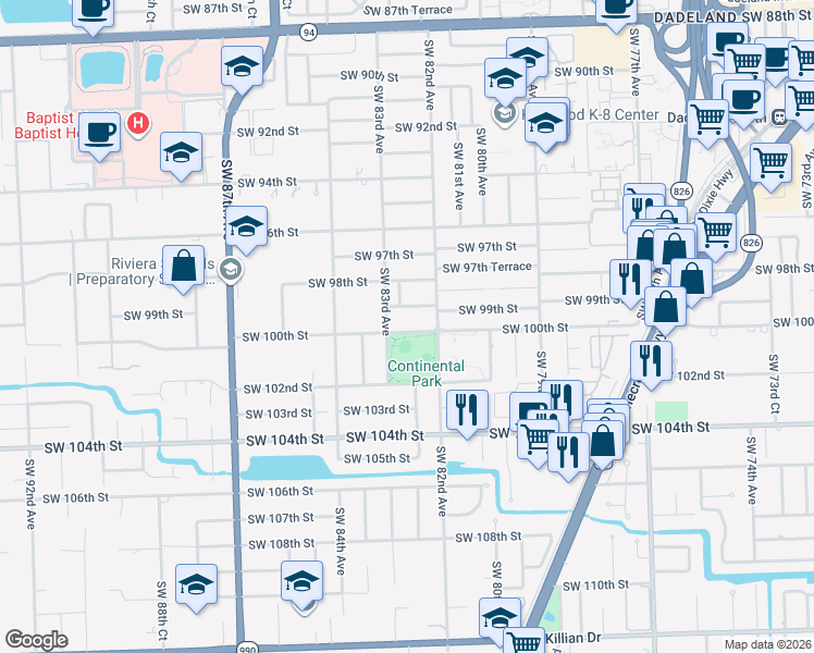 map of restaurants, bars, coffee shops, grocery stores, and more near 8245 Southwest 100th Street in Miami