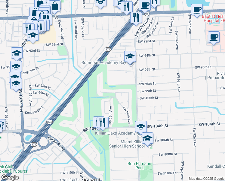 map of restaurants, bars, coffee shops, grocery stores, and more near 9821 Southwest 99th Street in Miami