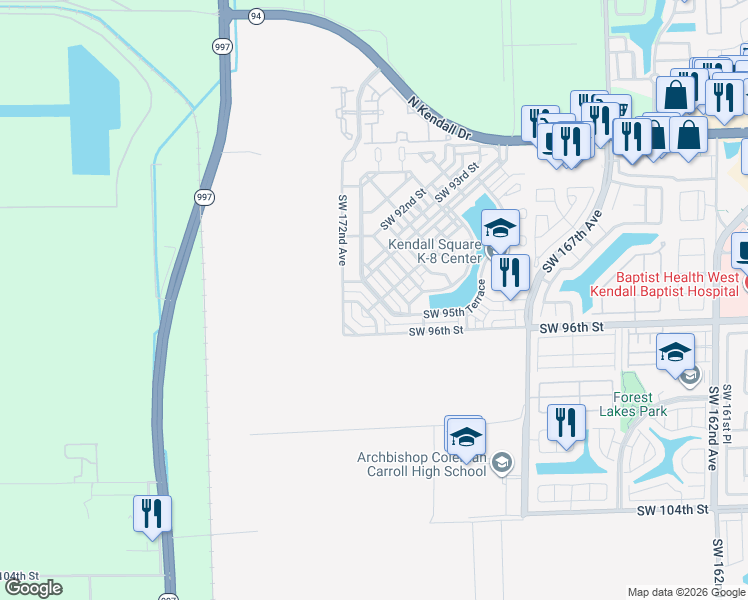 map of restaurants, bars, coffee shops, grocery stores, and more near 9465 Southwest 171st Place in The Hammocks