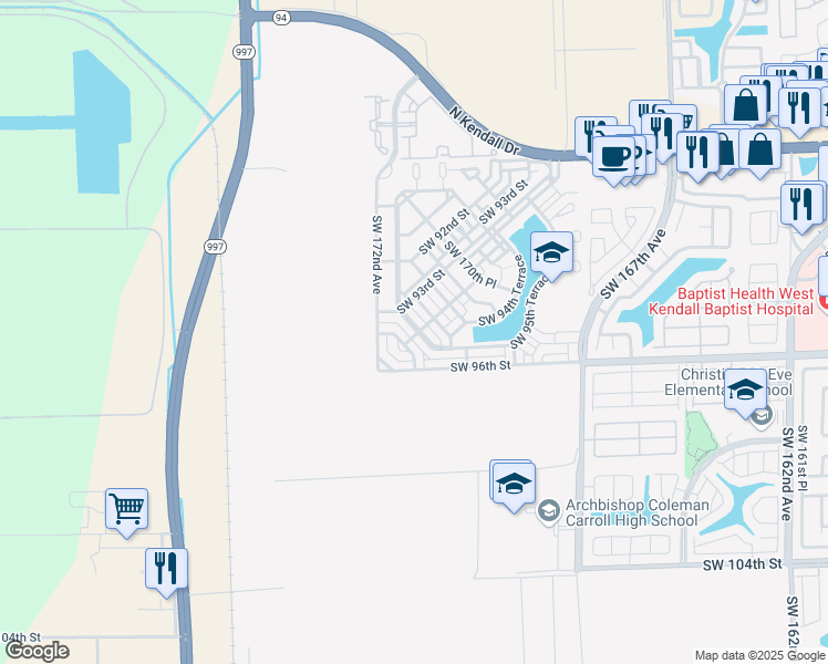 map of restaurants, bars, coffee shops, grocery stores, and more near 9420 Southwest 171st Court in Miami
