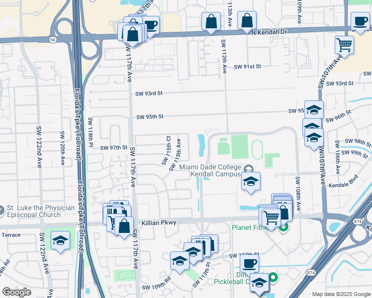 map of restaurants, bars, coffee shops, grocery stores, and more near 9755 Southwest 104th Street in Miami