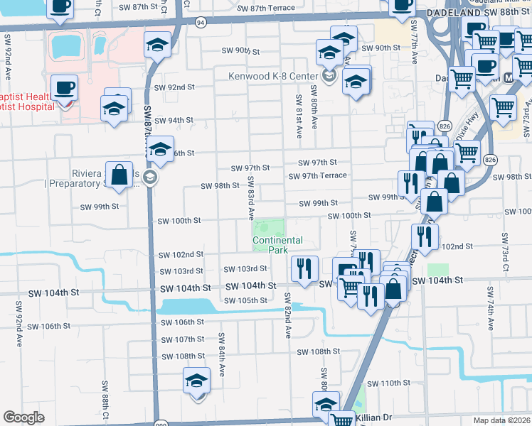 map of restaurants, bars, coffee shops, grocery stores, and more near 10100 Southwest 82nd Avenue in Kendall