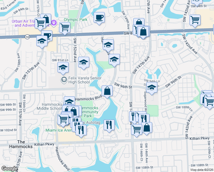 map of restaurants, bars, coffee shops, grocery stores, and more near 9734 Southwest 148th Court in Miami