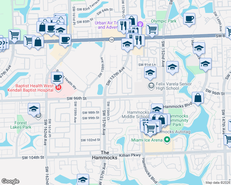 map of restaurants, bars, coffee shops, grocery stores, and more near 15543 Southwest 96th Terrace in Miami