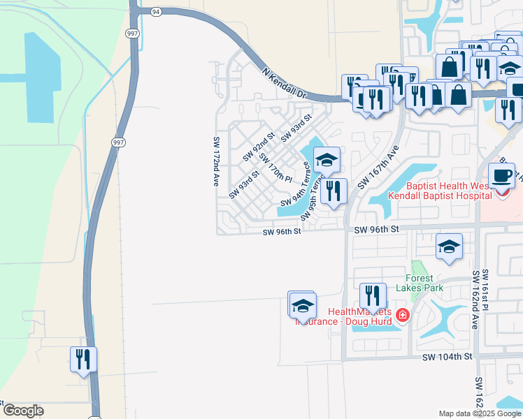 map of restaurants, bars, coffee shops, grocery stores, and more near 17094 Southwest 95th Terrace in Miami