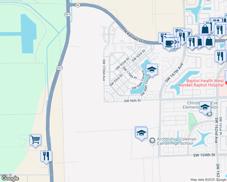 map of restaurants, bars, coffee shops, grocery stores, and more near 9465 Southwest 171st Place in The Hammocks